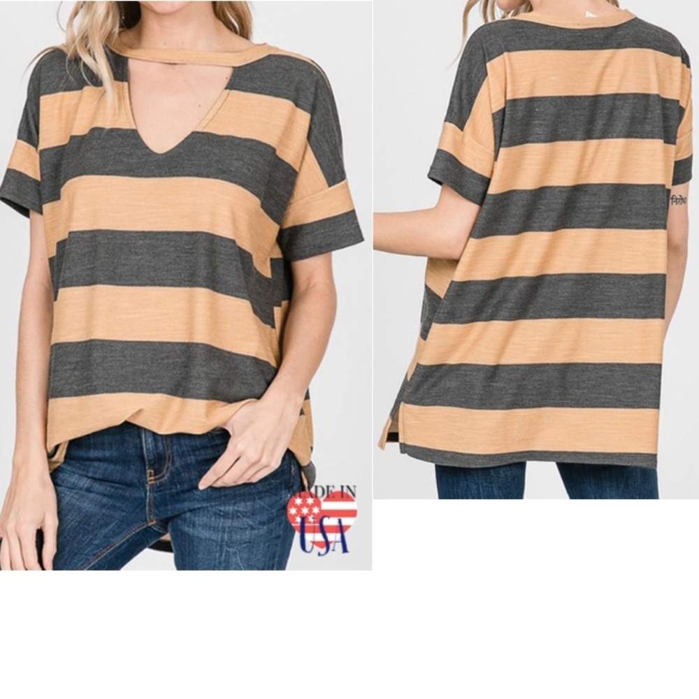 New Striped Short Sleeve Choker Top